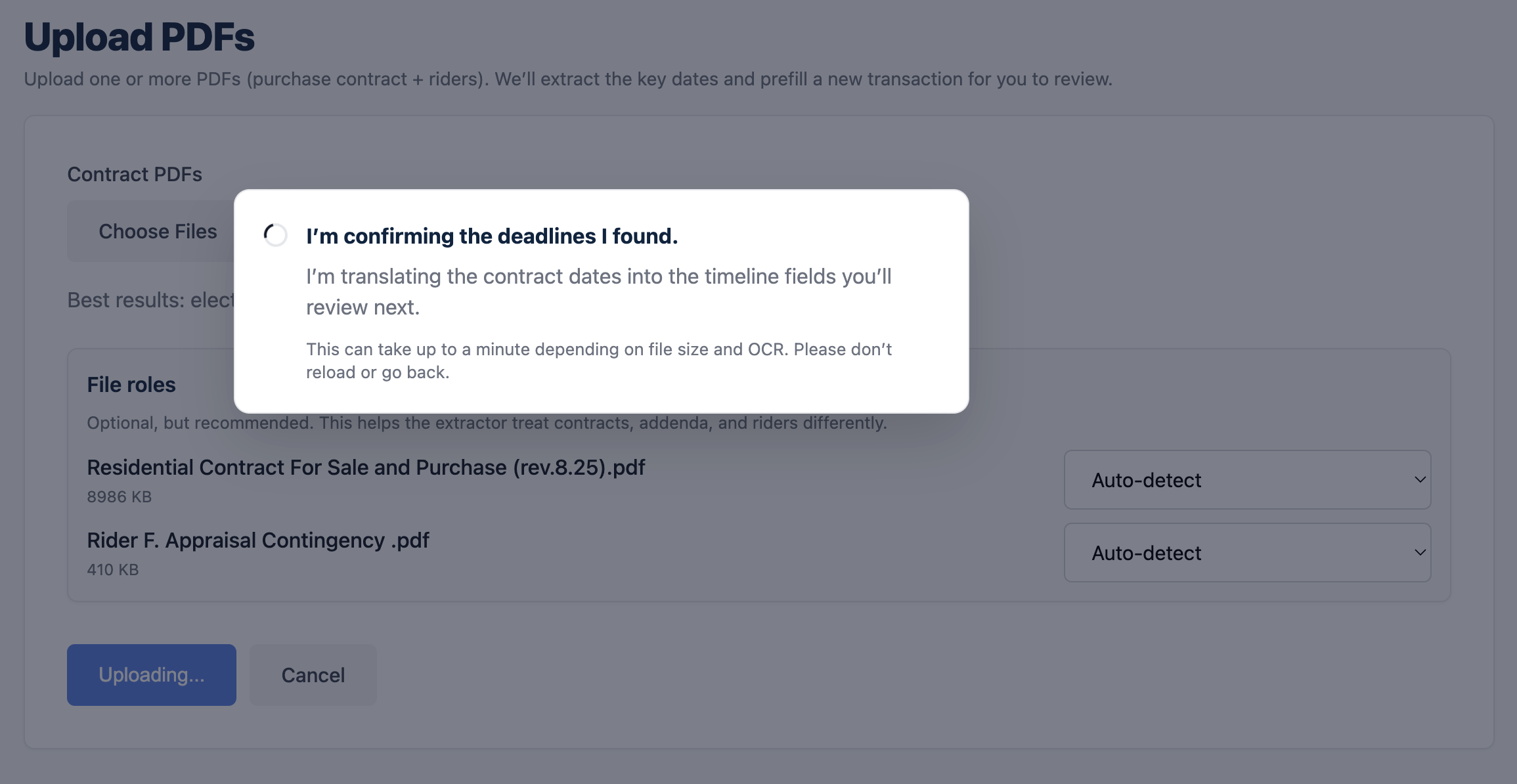 Contract upload and date extraction screen in Deadline Monitor.